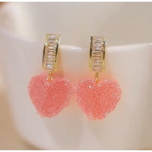 Valentine Pink Crystal Heart Women Earrings - Picture 5 of 7
